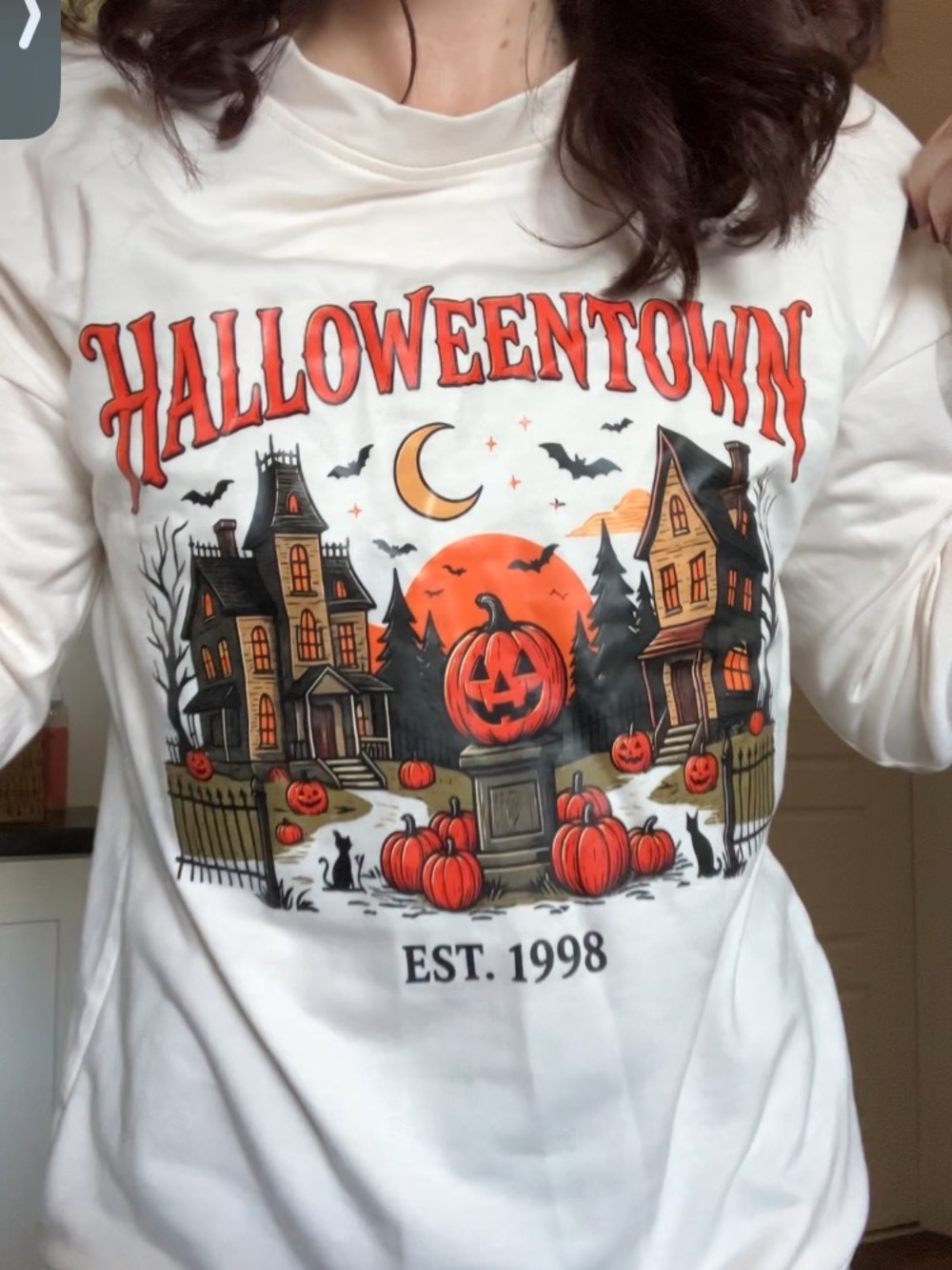SHEIN White HalloweenTown Graphic Long Sleeve Tee with Orange Accents